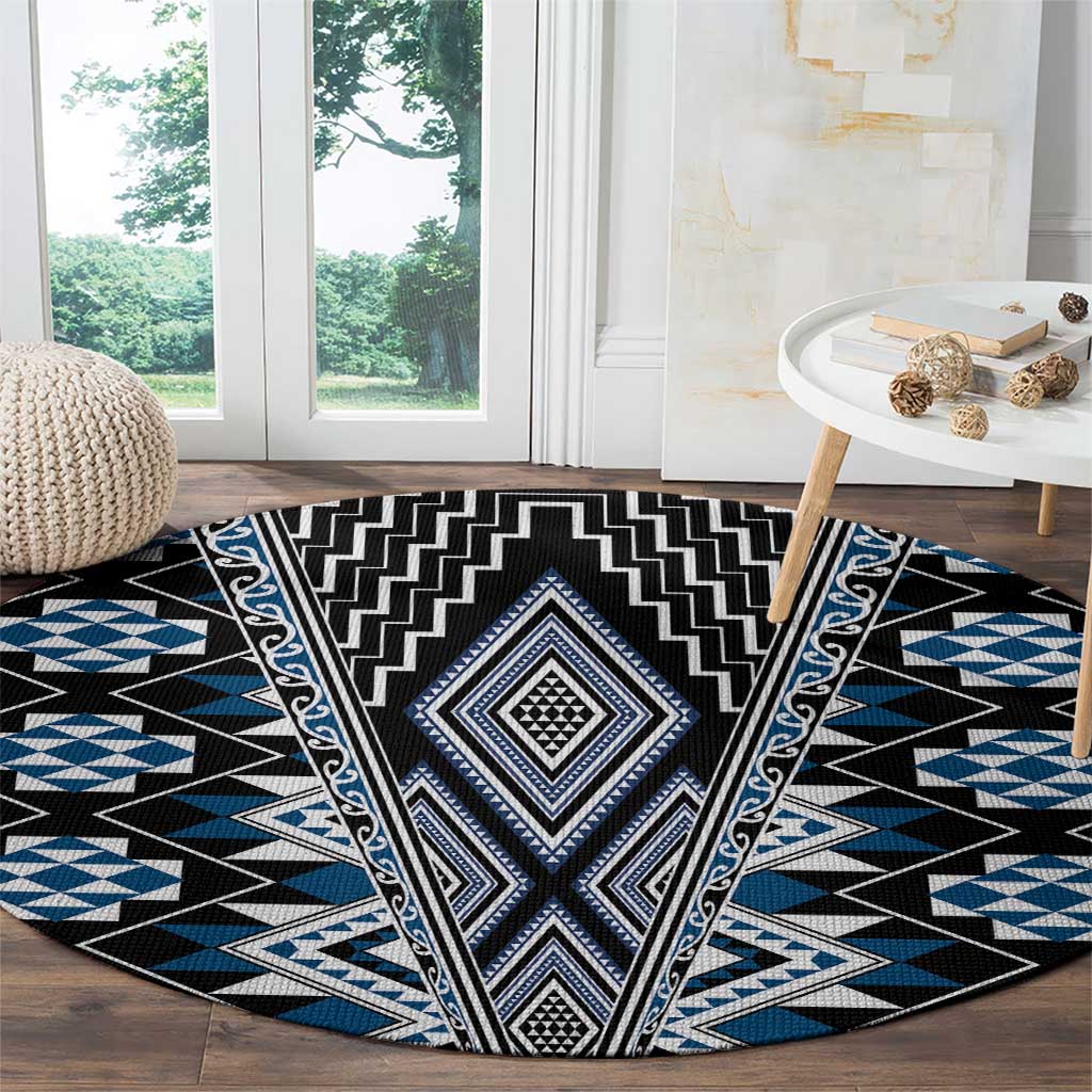 Blue Aotearoa Tukutuku and Poutama Motif Round Carpet LT03 - Polynesian Pride