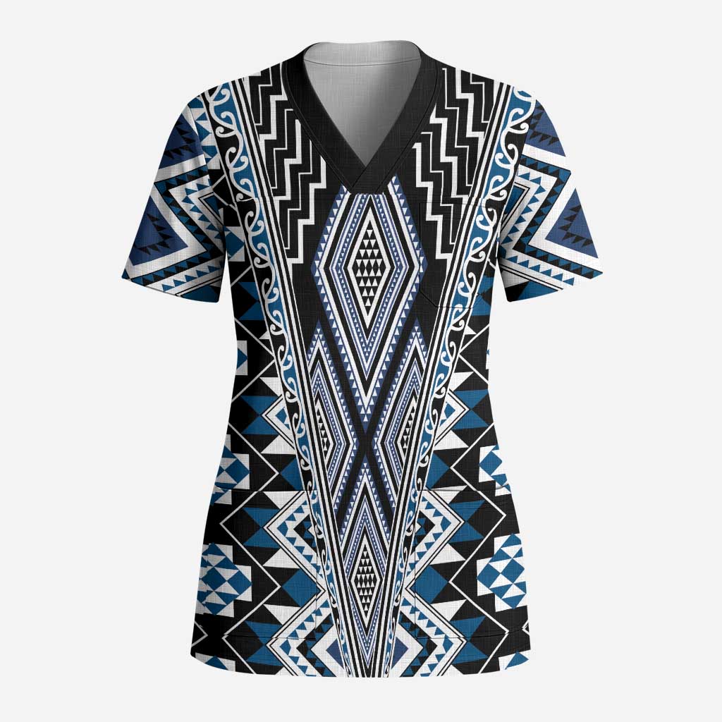 Blue Aotearoa Tukutuku and Poutama Motif Scrub Top LT03 Adult Blue - Polynesian Pride