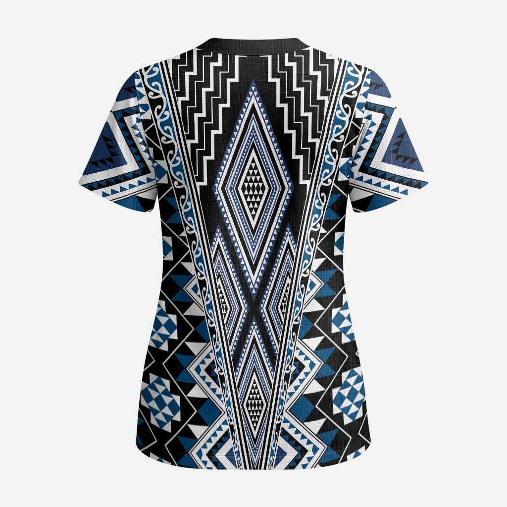 Blue Aotearoa Tukutuku and Poutama Motif Scrub Top LT03 - Polynesian Pride