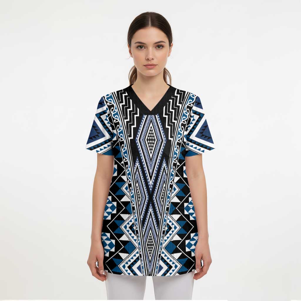 Blue Aotearoa Tukutuku and Poutama Motif Scrub Top LT03 - Polynesian Pride
