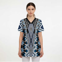 Blue Aotearoa Tukutuku and Poutama Motif Scrub Top LT03 - Polynesian Pride