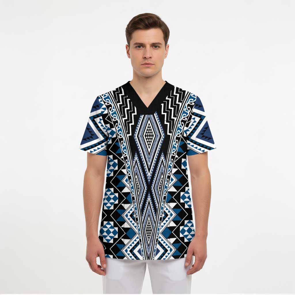 Blue Aotearoa Tukutuku and Poutama Motif Scrub Top LT03 - Polynesian Pride