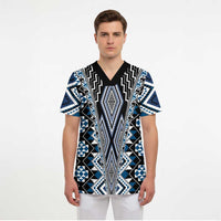 Blue Aotearoa Tukutuku and Poutama Motif Scrub Top LT03 - Polynesian Pride