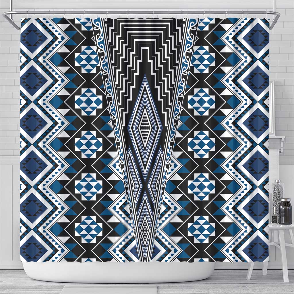 Blue Aotearoa Tukutuku and Poutama Motif Shower Curtain LT03 - Polynesian Pride