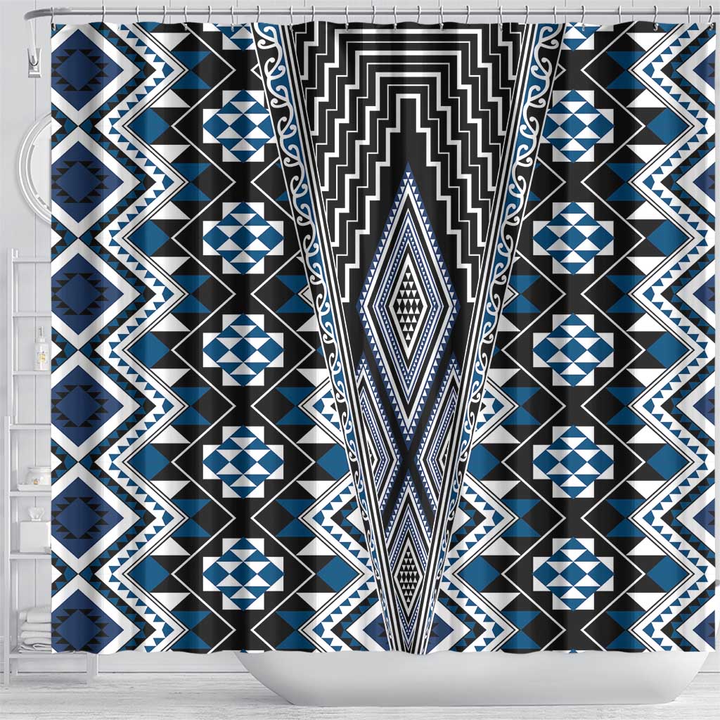 Blue Aotearoa Tukutuku and Poutama Motif Shower Curtain LT03 - Polynesian Pride
