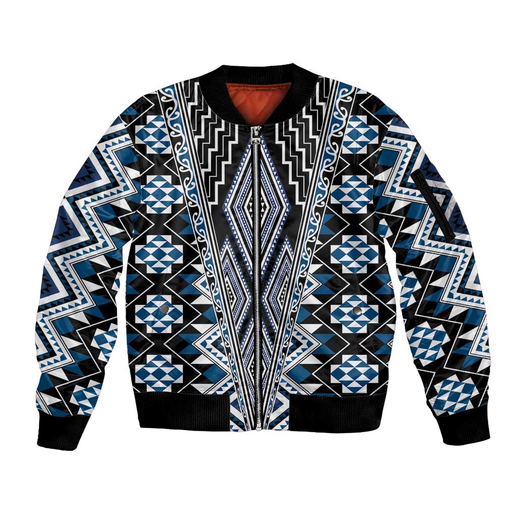 Blue Aotearoa Tukutuku and Poutama Motif Sleeve Zip Bomber Jacket LT03 Unisex Blue - Polynesian Pride
