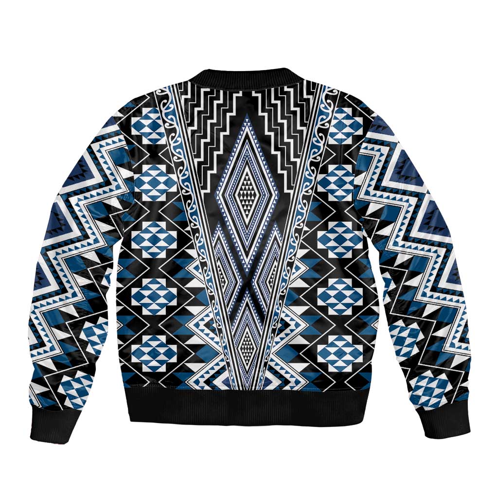 Blue Aotearoa Tukutuku and Poutama Motif Sleeve Zip Bomber Jacket LT03 - Polynesian Pride