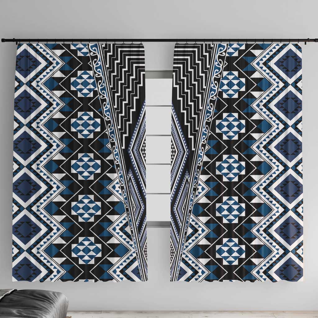 Blue Aotearoa Tukutuku and Poutama Motif Window Curtain LT03 With Hooks Blue - Polynesian Pride