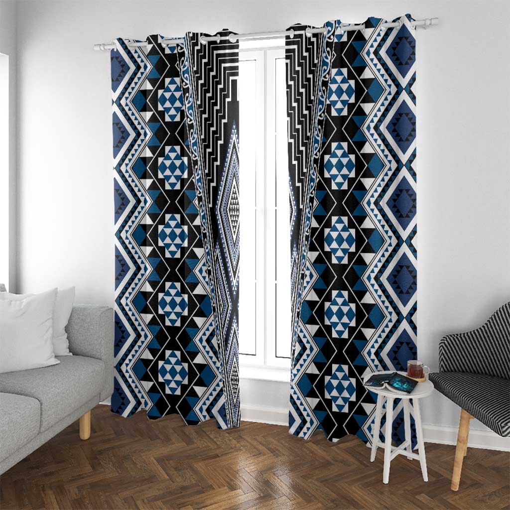 Blue Aotearoa Tukutuku and Poutama Motif Window Curtain LT03 With Grommets Blue - Polynesian Pride
