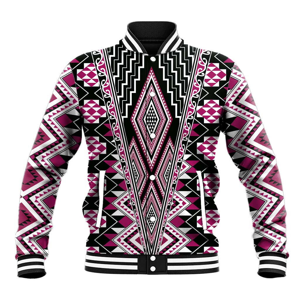 Pink Aotearoa Tukutuku and Poutama Motif Baseball Jacket LT03 Unisex Pink - Polynesian Pride