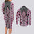 Pink Aotearoa Tukutuku and Poutama Motif Couples Matching Long Sleeve Bodycon Dress and Long Sleeve Button Shirt