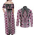 Pink Aotearoa Tukutuku and Poutama Motif Couples Matching Off Shoulder Maxi Dress and Long Sleeve Button Shirt