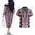 Pink Aotearoa Tukutuku and Poutama Motif Couples Matching Off The Shoulder Long Sleeve Dress and Hawaiian Shirt