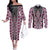 Pink Aotearoa Tukutuku and Poutama Motif Couples Matching Off The Shoulder Long Sleeve Dress and Long Sleeve Button Shirt