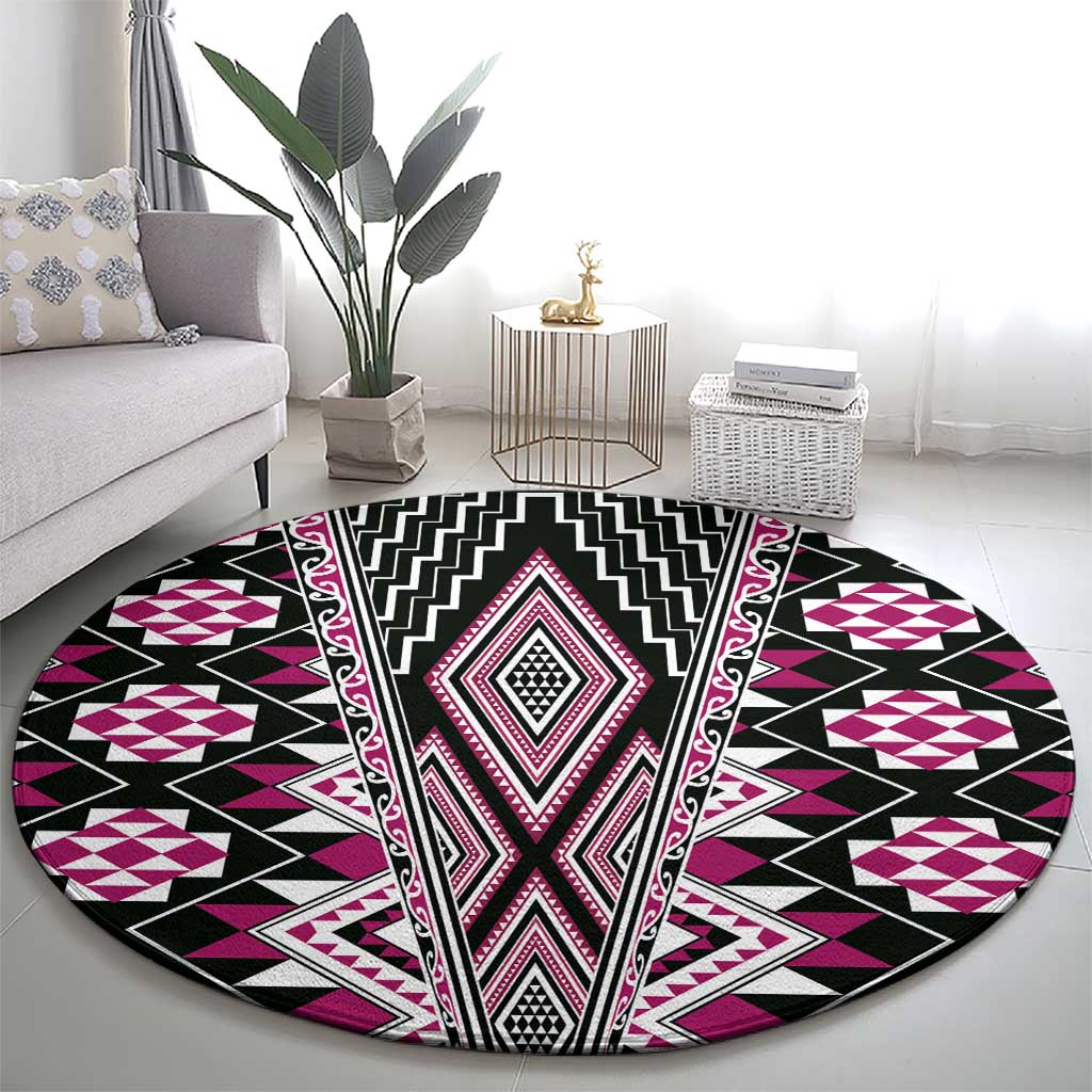 Pink Aotearoa Tukutuku and Poutama Motif Round Carpet LT03 - Polynesian Pride