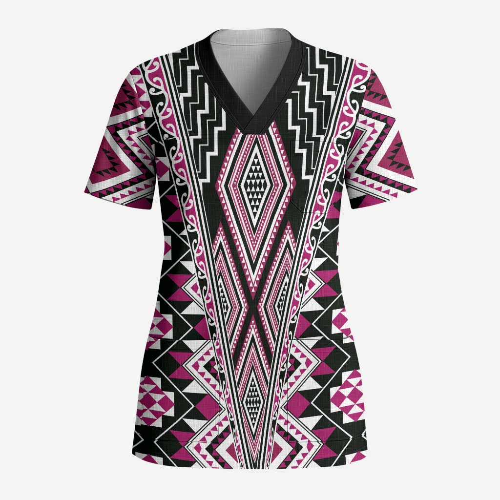 Pink Aotearoa Tukutuku and Poutama Motif Scrub Top LT03 Adult Pink - Polynesian Pride