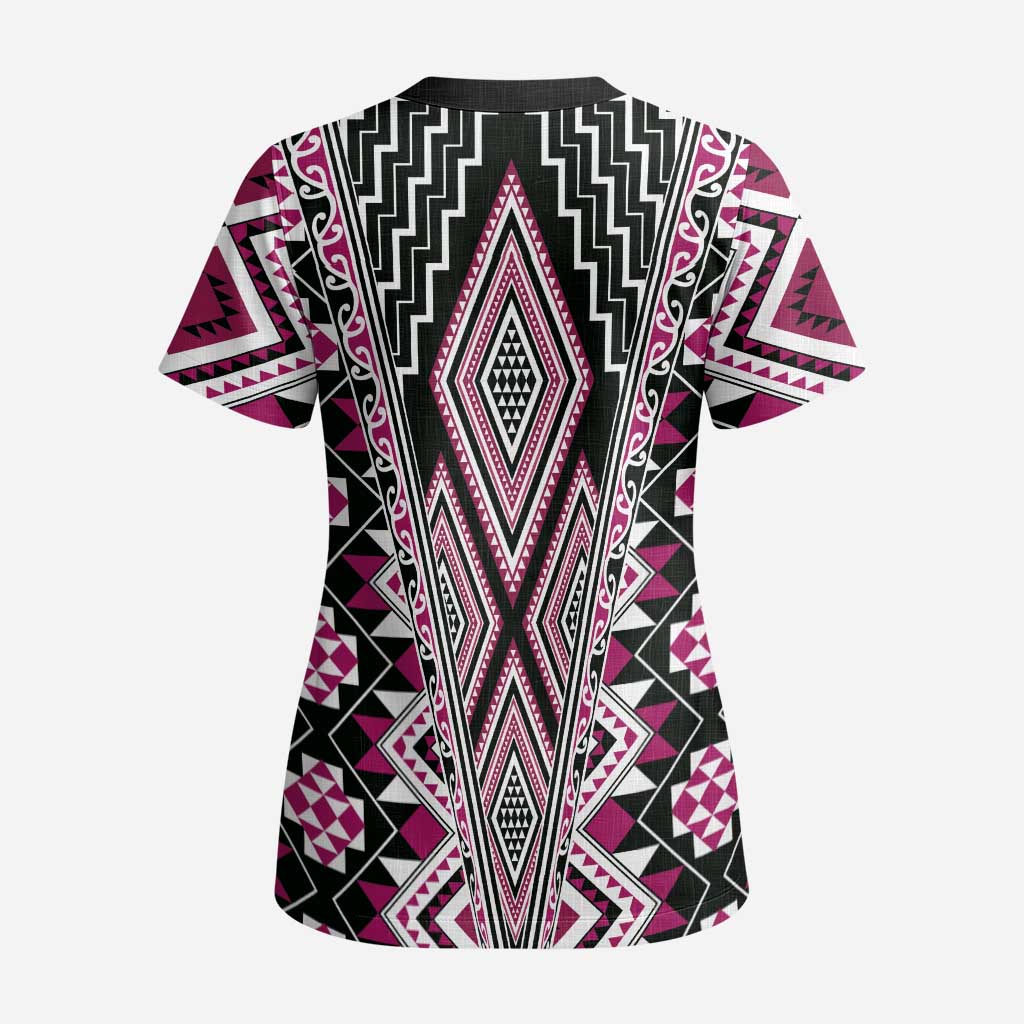 Pink Aotearoa Tukutuku and Poutama Motif Scrub Top LT03 - Polynesian Pride