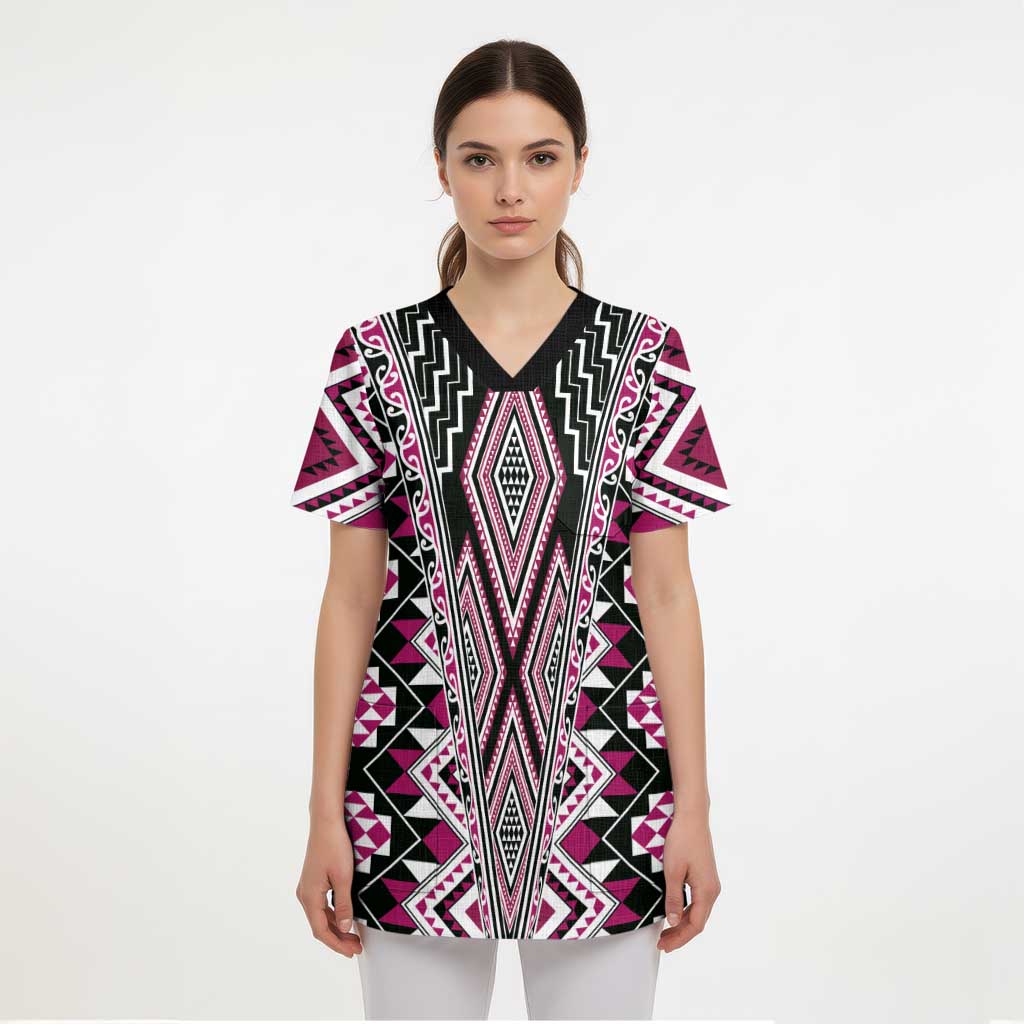 Pink Aotearoa Tukutuku and Poutama Motif Scrub Top LT03 - Polynesian Pride