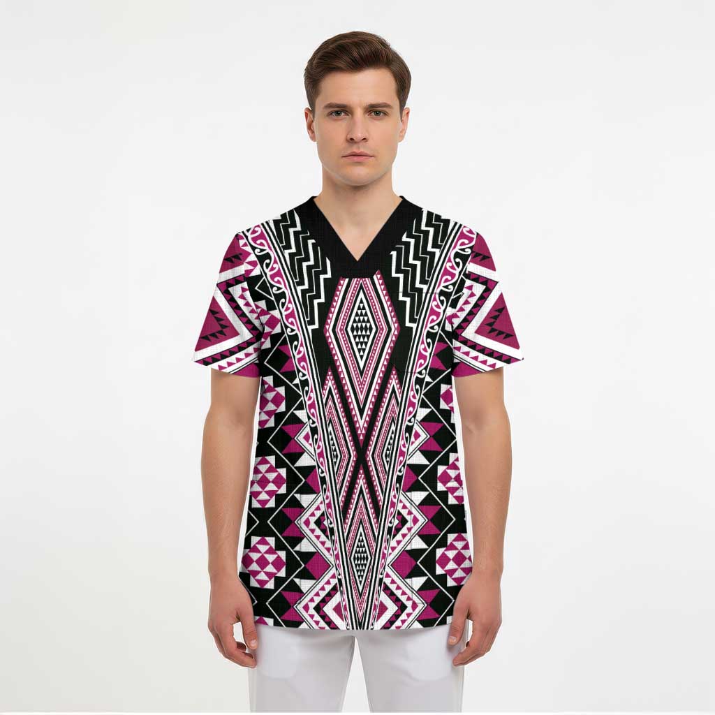 Pink Aotearoa Tukutuku and Poutama Motif Scrub Top LT03 - Polynesian Pride