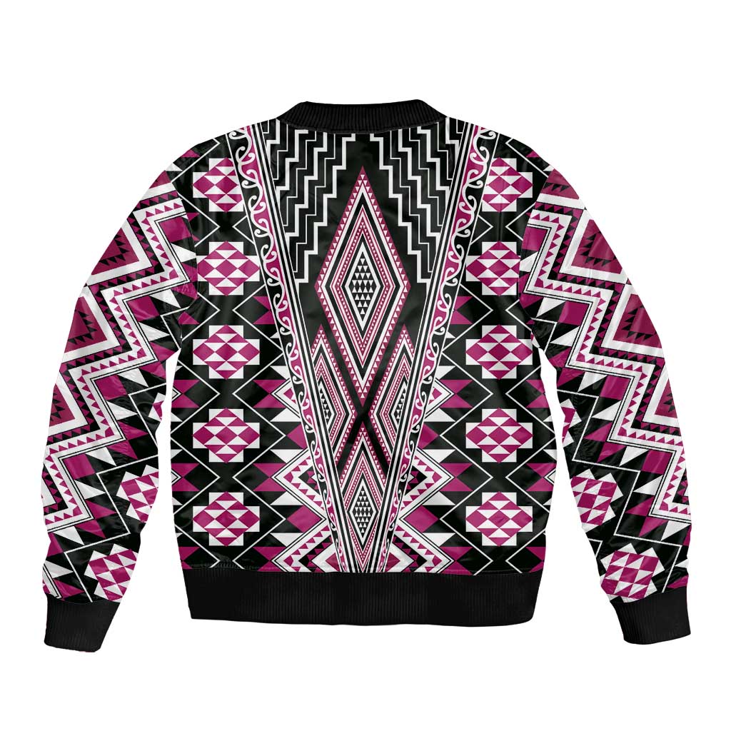 Pink Aotearoa Tukutuku and Poutama Motif Sleeve Zip Bomber Jacket LT03 - Polynesian Pride