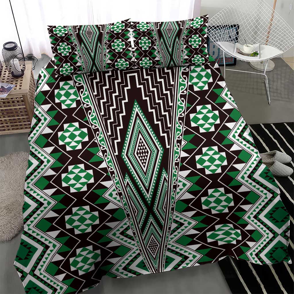 Green Aotearoa Tukutuku and Poutama Motif Bedding Set LT03 - Polynesian Pride