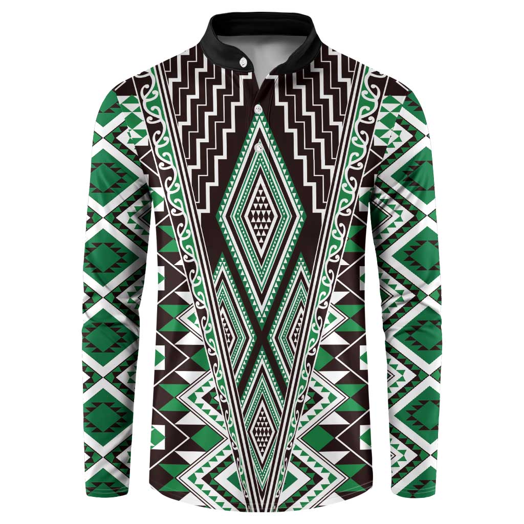 Green Aotearoa Tukutuku and Poutama Motif Button Sweatshirt LT03 Green - Polynesian Pride