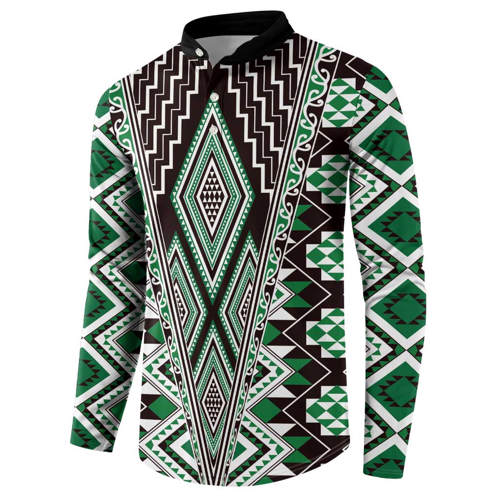 Green Aotearoa Tukutuku and Poutama Motif Button Sweatshirt LT03 - Polynesian Pride