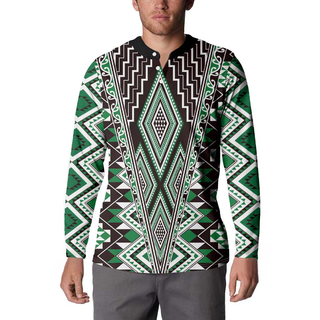 Green Aotearoa Tukutuku and Poutama Motif Button Sweatshirt LT03 - Polynesian Pride