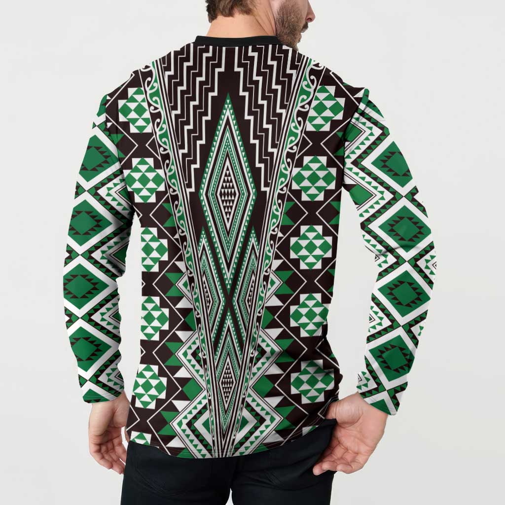 Green Aotearoa Tukutuku and Poutama Motif Button Sweatshirt LT03 - Polynesian Pride