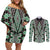 Green Aotearoa Tukutuku and Poutama Motif Couples Matching Off Shoulder Short Dress and Long Sleeve Button Shirt