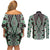 Green Aotearoa Tukutuku and Poutama Motif Couples Matching Off Shoulder Short Dress and Long Sleeve Button Shirt