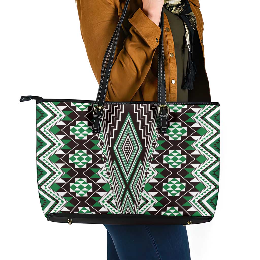 Green Aotearoa Tukutuku and Poutama Motif Leather Tote Bag LT03 - Polynesian Pride