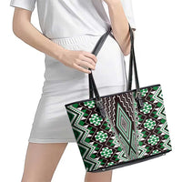 Green Aotearoa Tukutuku and Poutama Motif Leather Tote Bag LT03 - Polynesian Pride