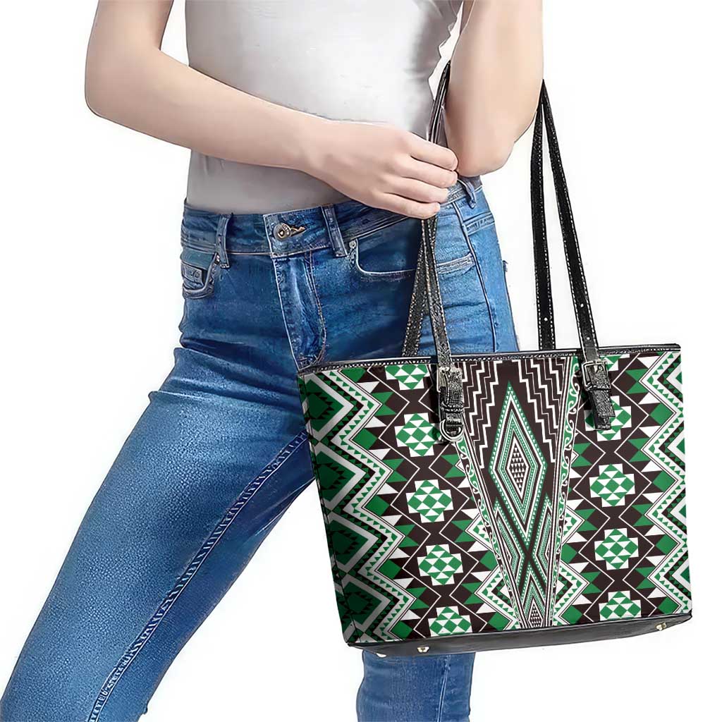 Green Aotearoa Tukutuku and Poutama Motif Leather Tote Bag LT03 - Polynesian Pride