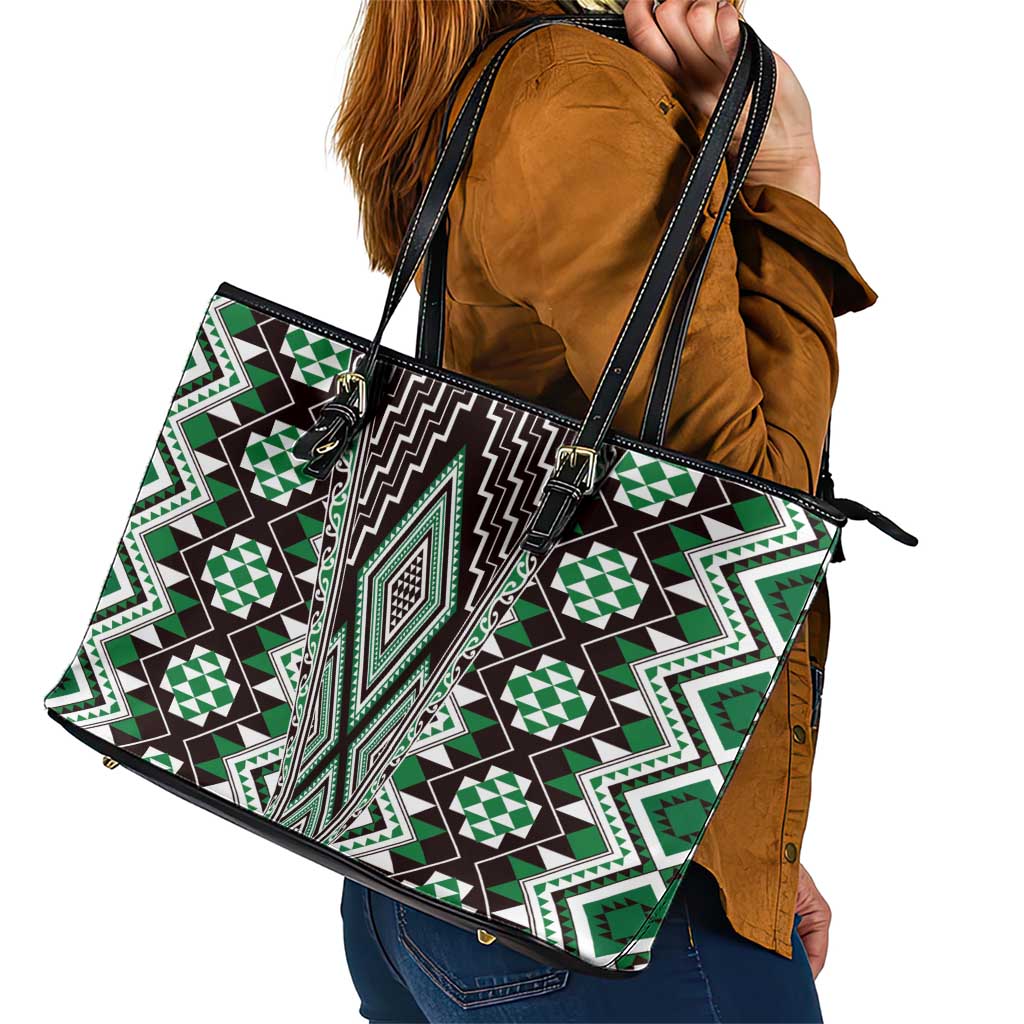 Green Aotearoa Tukutuku and Poutama Motif Leather Tote Bag LT03 - Polynesian Pride