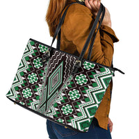 Green Aotearoa Tukutuku and Poutama Motif Leather Tote Bag LT03 - Polynesian Pride