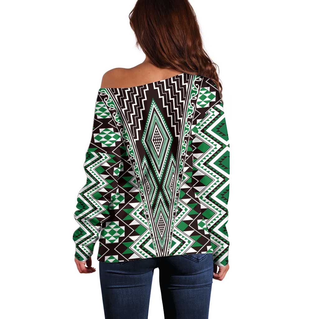 Green Aotearoa Tukutuku and Poutama Motif Off Shoulder Sweater LT03 - Polynesian Pride