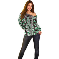 Green Aotearoa Tukutuku and Poutama Motif Off Shoulder Sweater LT03 - Polynesian Pride
