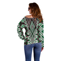 Green Aotearoa Tukutuku and Poutama Motif Off Shoulder Sweater LT03 - Polynesian Pride