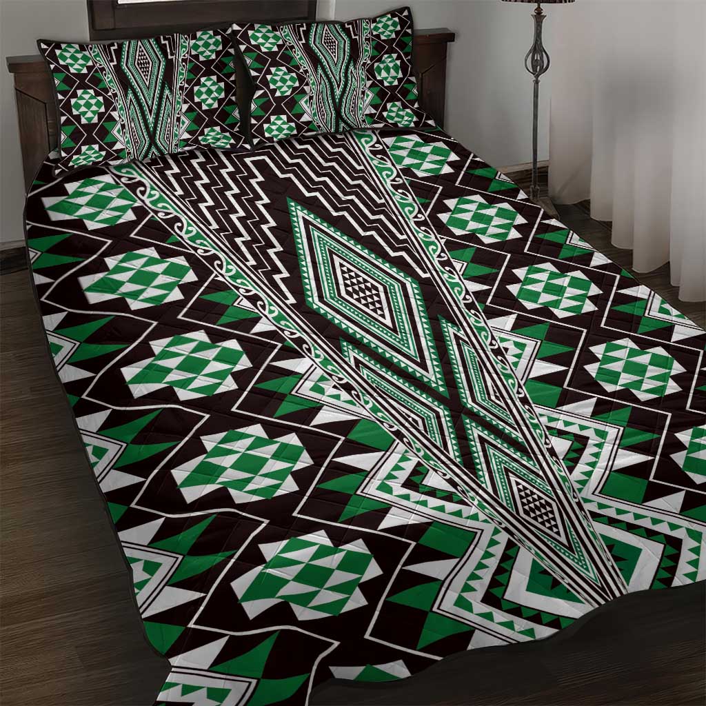 Green Aotearoa Tukutuku and Poutama Motif Quilt Bed Set LT03 Green - Polynesian Pride
