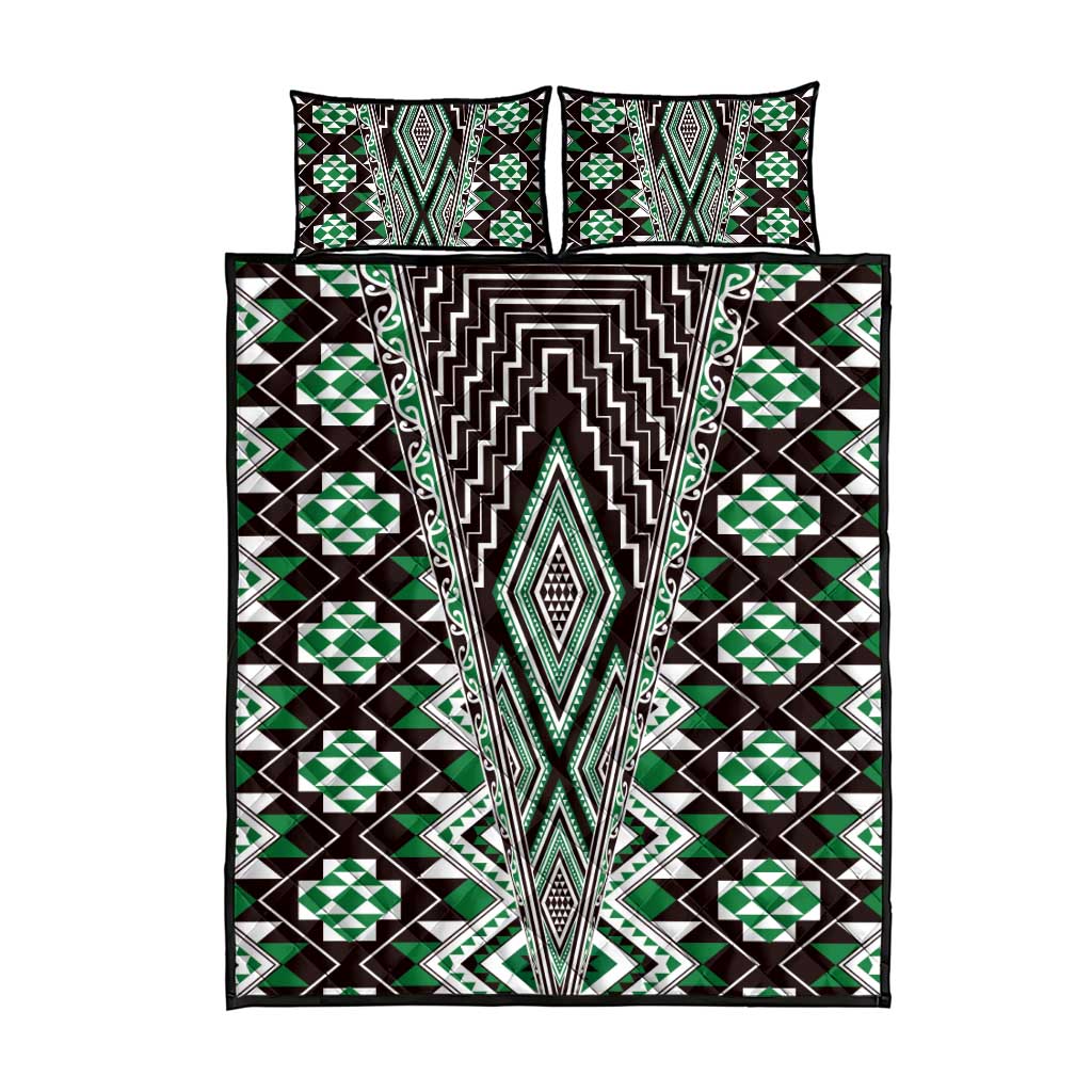 Green Aotearoa Tukutuku and Poutama Motif Quilt Bed Set LT03 - Polynesian Pride