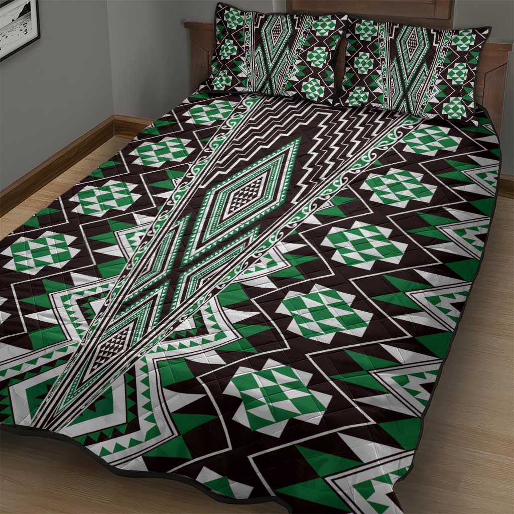 Green Aotearoa Tukutuku and Poutama Motif Quilt Bed Set LT03 - Polynesian Pride