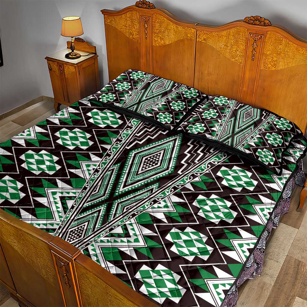 Green Aotearoa Tukutuku and Poutama Motif Quilt Bed Set LT03 - Polynesian Pride