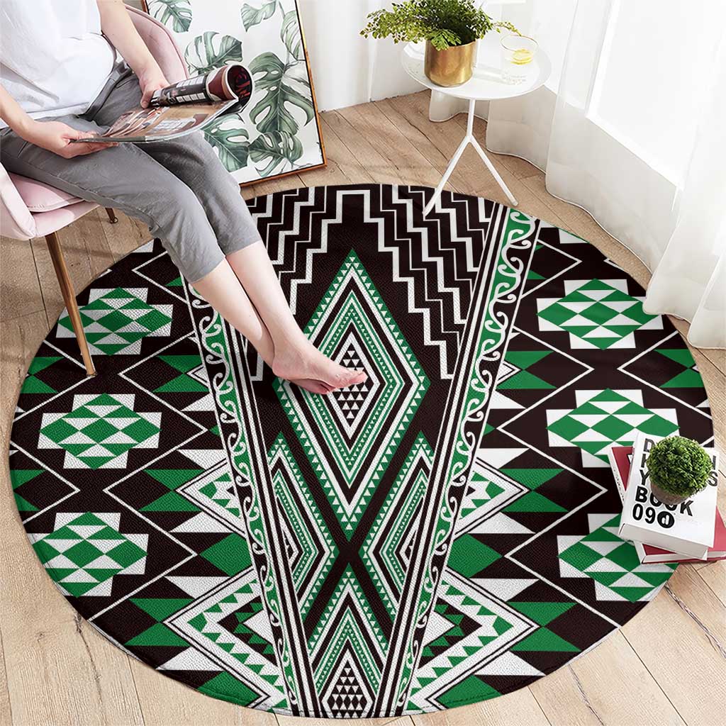 Green Aotearoa Tukutuku and Poutama Motif Round Carpet LT03 - Polynesian Pride