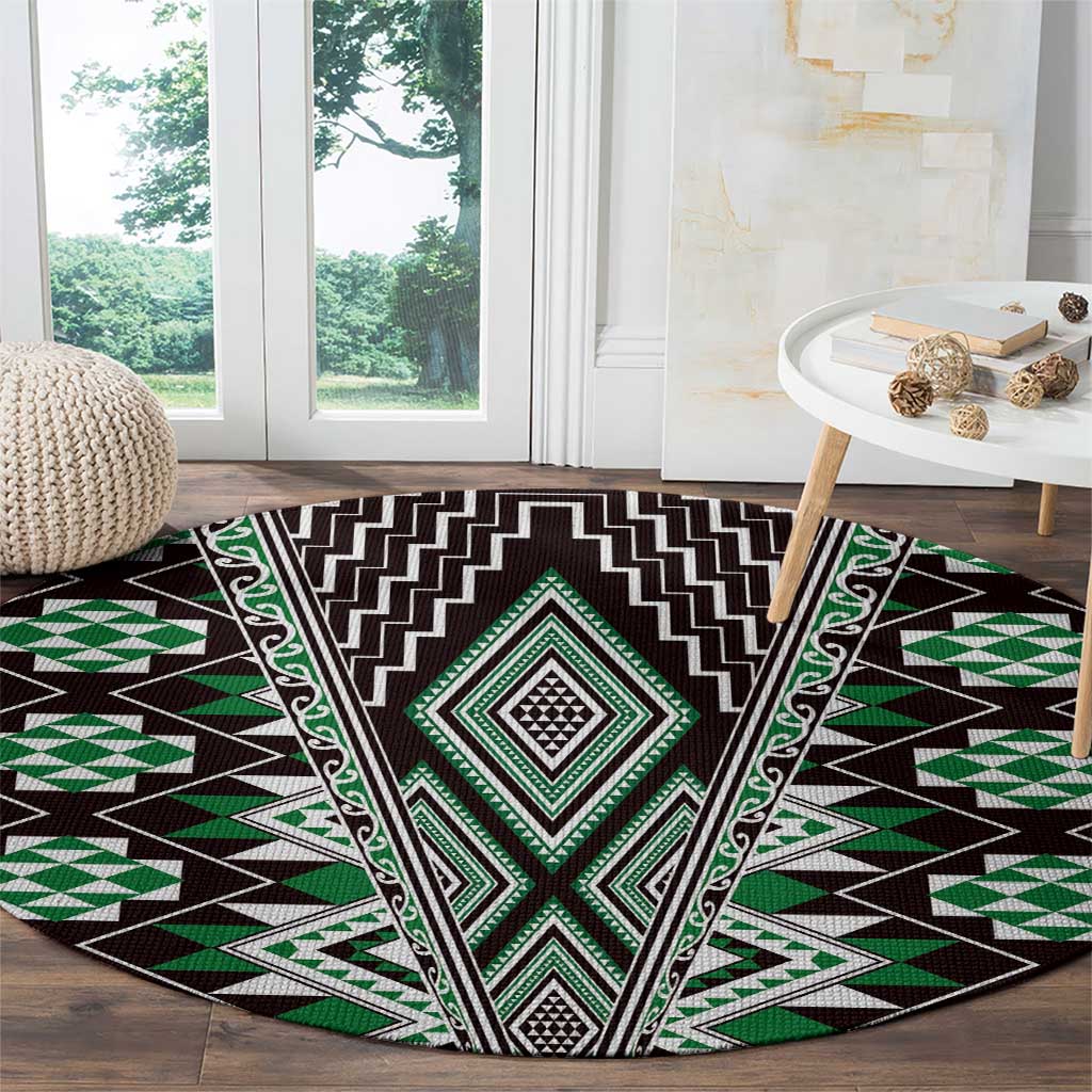 Green Aotearoa Tukutuku and Poutama Motif Round Carpet LT03 - Polynesian Pride