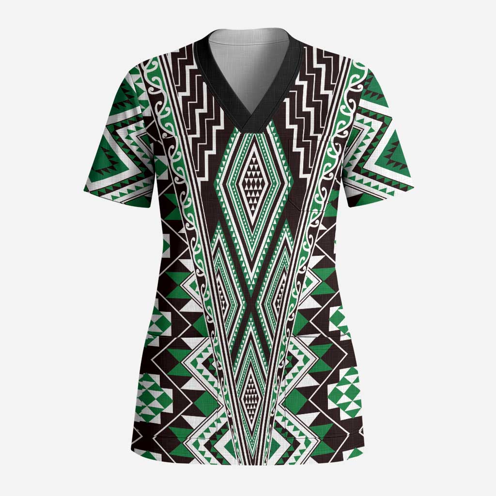 Green Aotearoa Tukutuku and Poutama Motif Scrub Top LT03 Adult Green - Polynesian Pride