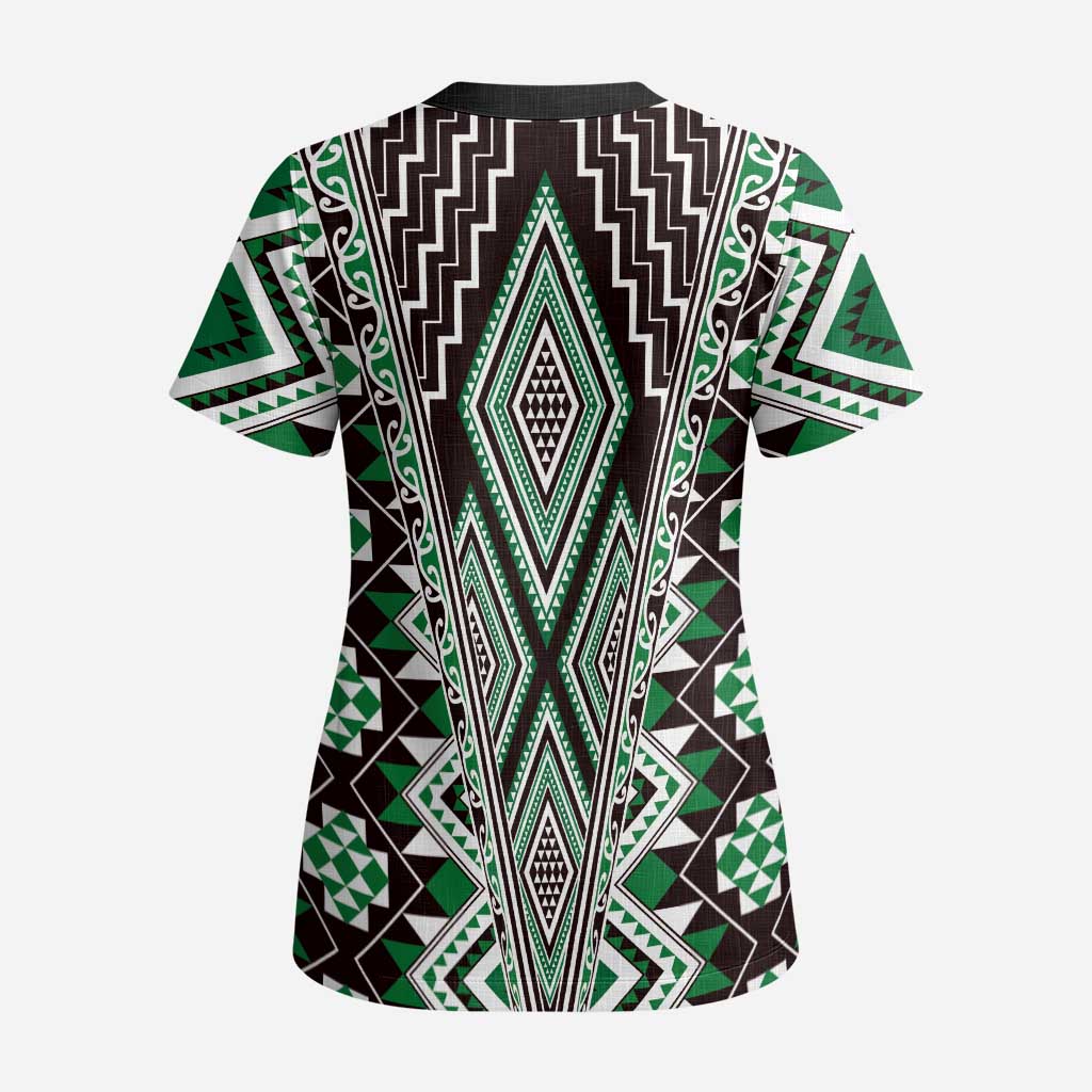 Green Aotearoa Tukutuku and Poutama Motif Scrub Top LT03 - Polynesian Pride