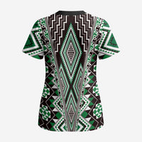 Green Aotearoa Tukutuku and Poutama Motif Scrub Top LT03 - Polynesian Pride