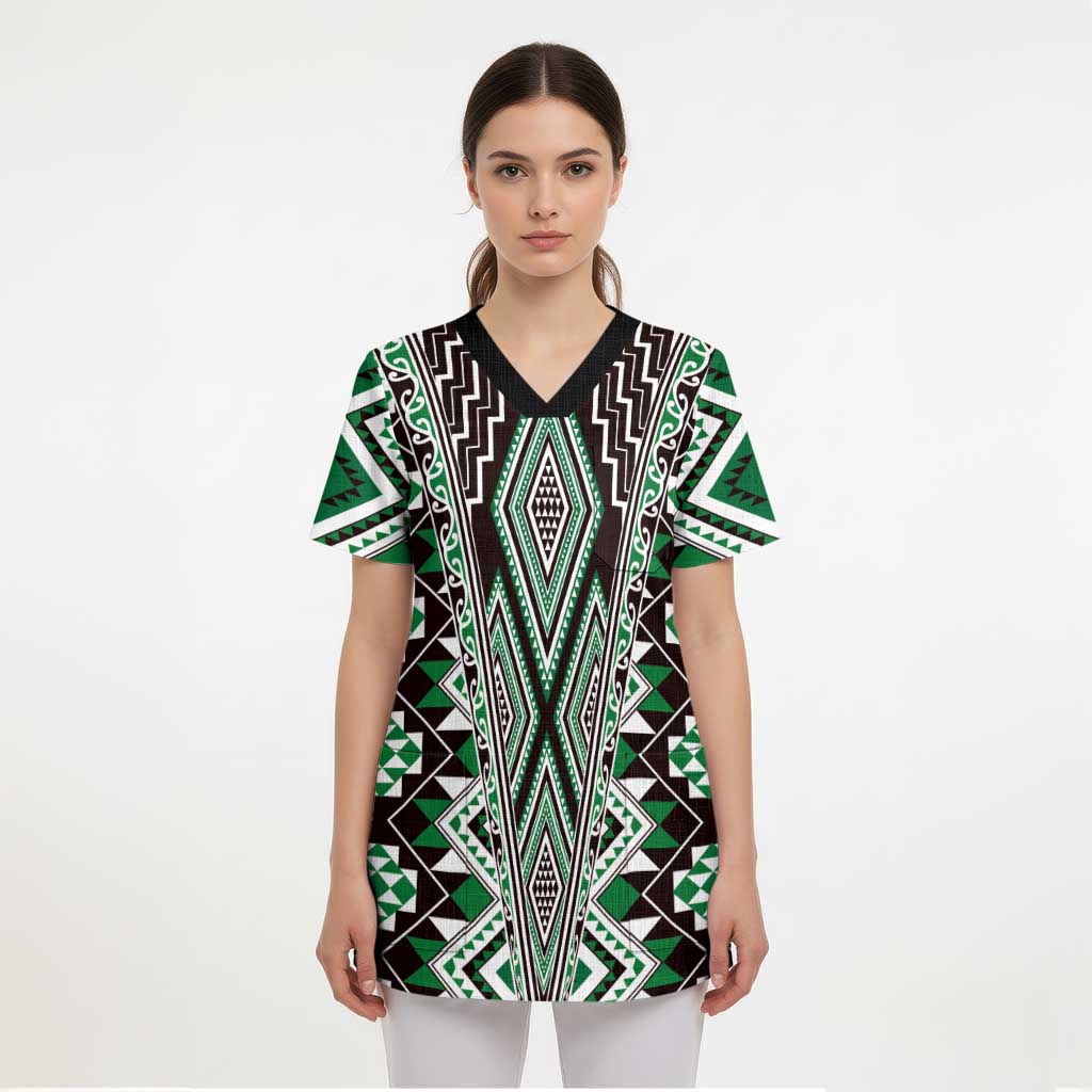 Green Aotearoa Tukutuku and Poutama Motif Scrub Top LT03 - Polynesian Pride