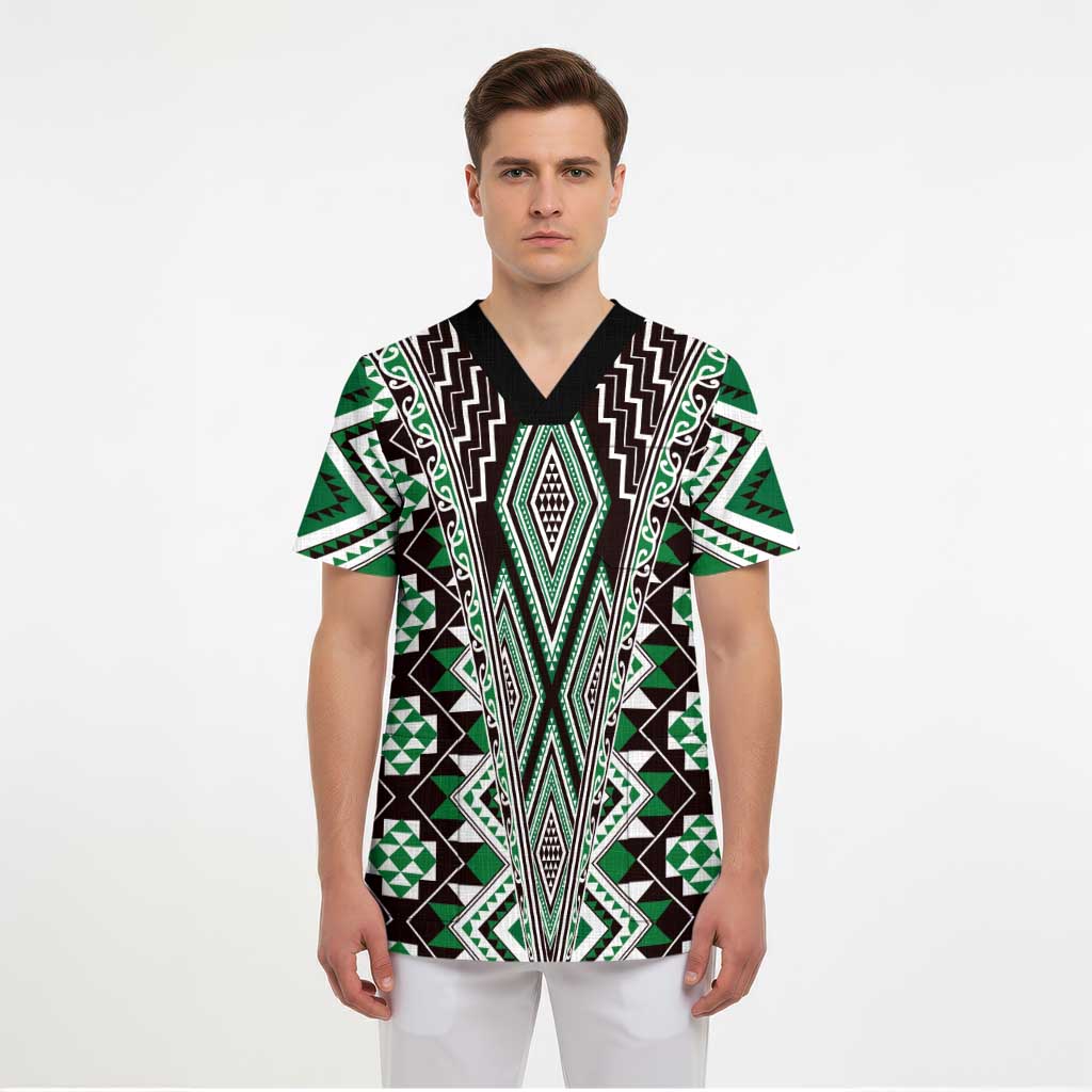 Green Aotearoa Tukutuku and Poutama Motif Scrub Top LT03 - Polynesian Pride